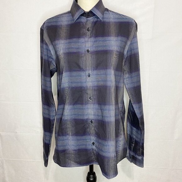 H HALSTON Mens Long Sleeve Button Down Size Medium Blue Black Plaid - Picture 1 of 4